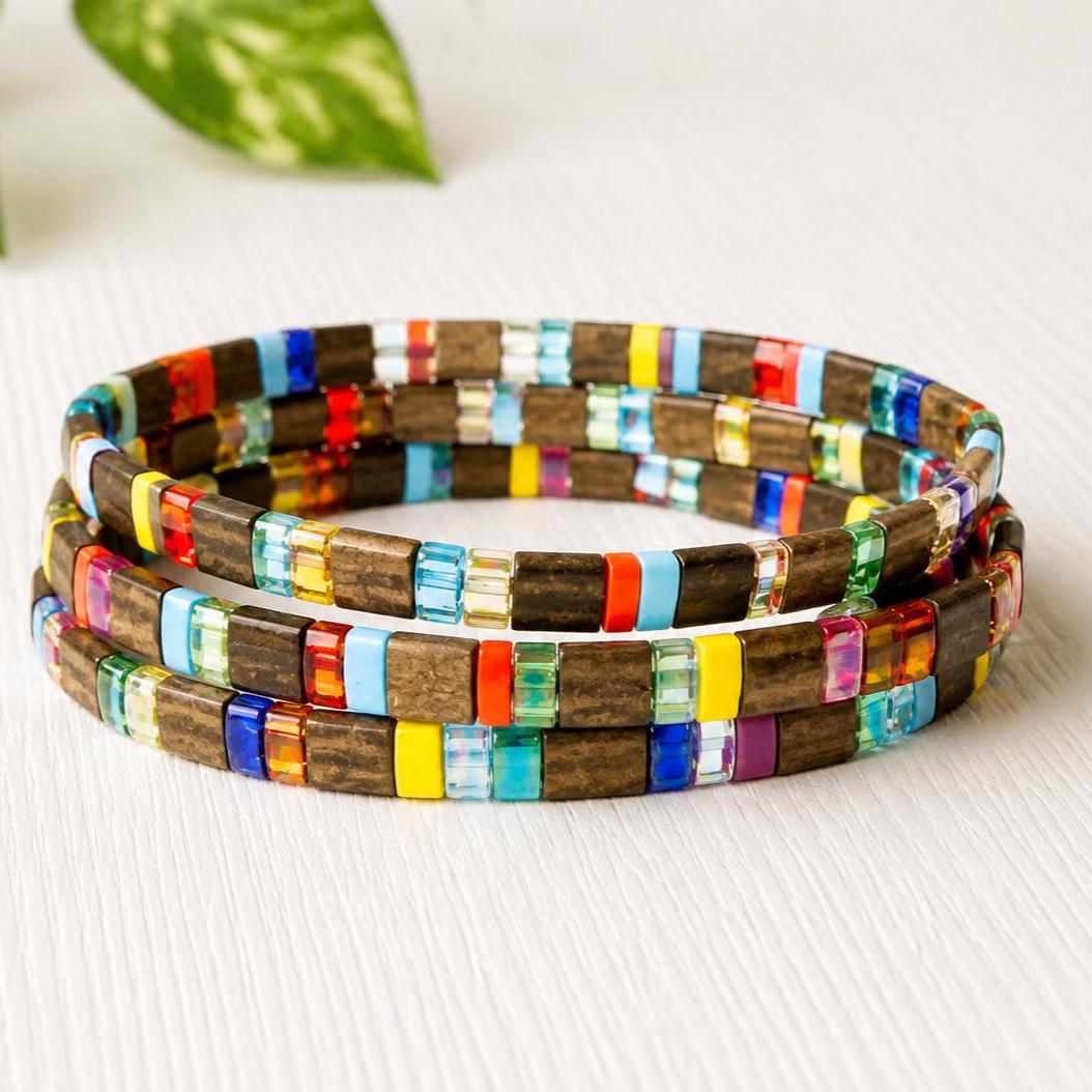 Colorful Stretch Bracelet Miyuki Tila Beads Stackable Boho Jewelry Summer Fashion Accessory Handcrafted Tile Bead Design Flat Comfortable Wear Bohemian Style Layering Bracelet Vibrant Color Palette Japanese Quality Beads Everyday Casual