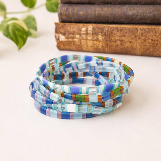 Handmade Memory Wire Wrap Bracelet Colorful Glass Bead Jewelry Miyuki Tila Beads Multi Strand Coil Design Vibrant Coastal Colors Blue Turquoise White Pink Orange Green Pattern Stretch Elastic Comfortable Fit Perfect Summer Beach Vacation