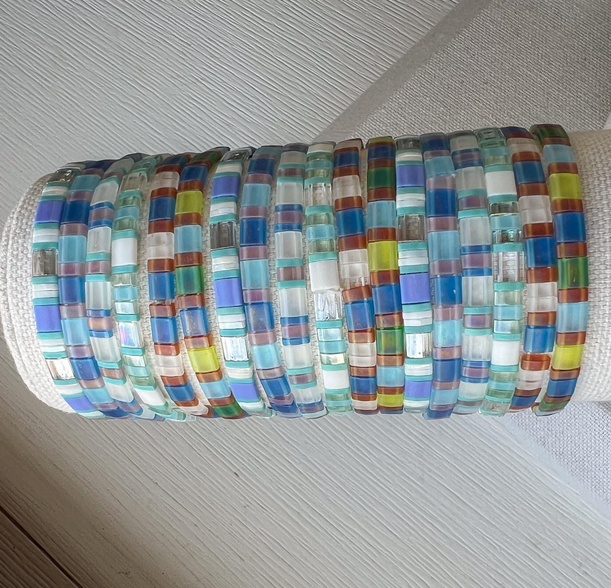 Colorful Glass Bead Wrap Bracelet Handmade Memory Wire Design Multi Strand Coil Jewelry Vibrant Coastal Pattern Blue Turquoise White Pink Orange Green Miyuki Tila Beads Stretch Elastic Comfortable Fit Summer Beach Vacation Accessory
