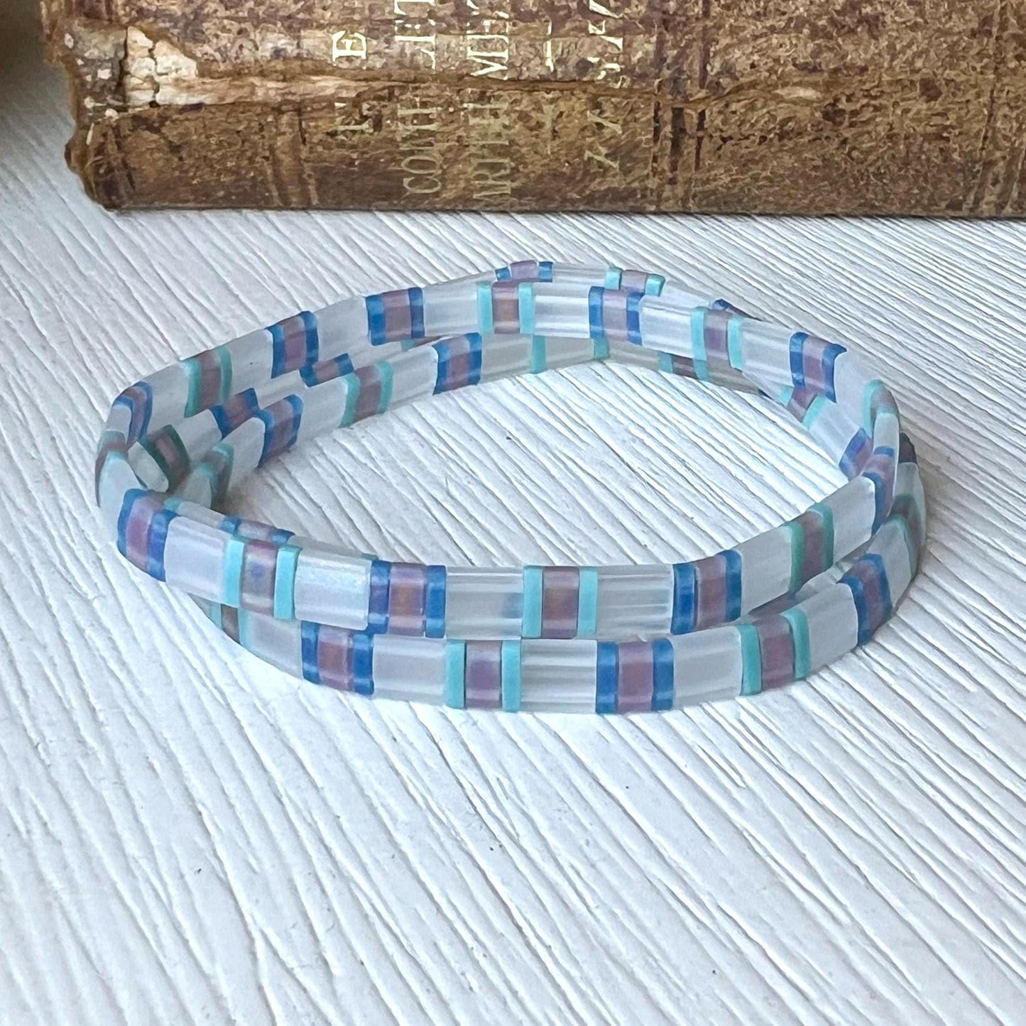 Multi Strand Coil Bracelet Handmade Memory Wire Wrap Design Colorful Glass Bead Jewelry Miyuki Tila Beads Vibrant Coastal Pattern Blue Turquoise White Pink Orange Green Stretch Elastic Comfortable Fit Summer Beach Vacation Accessory