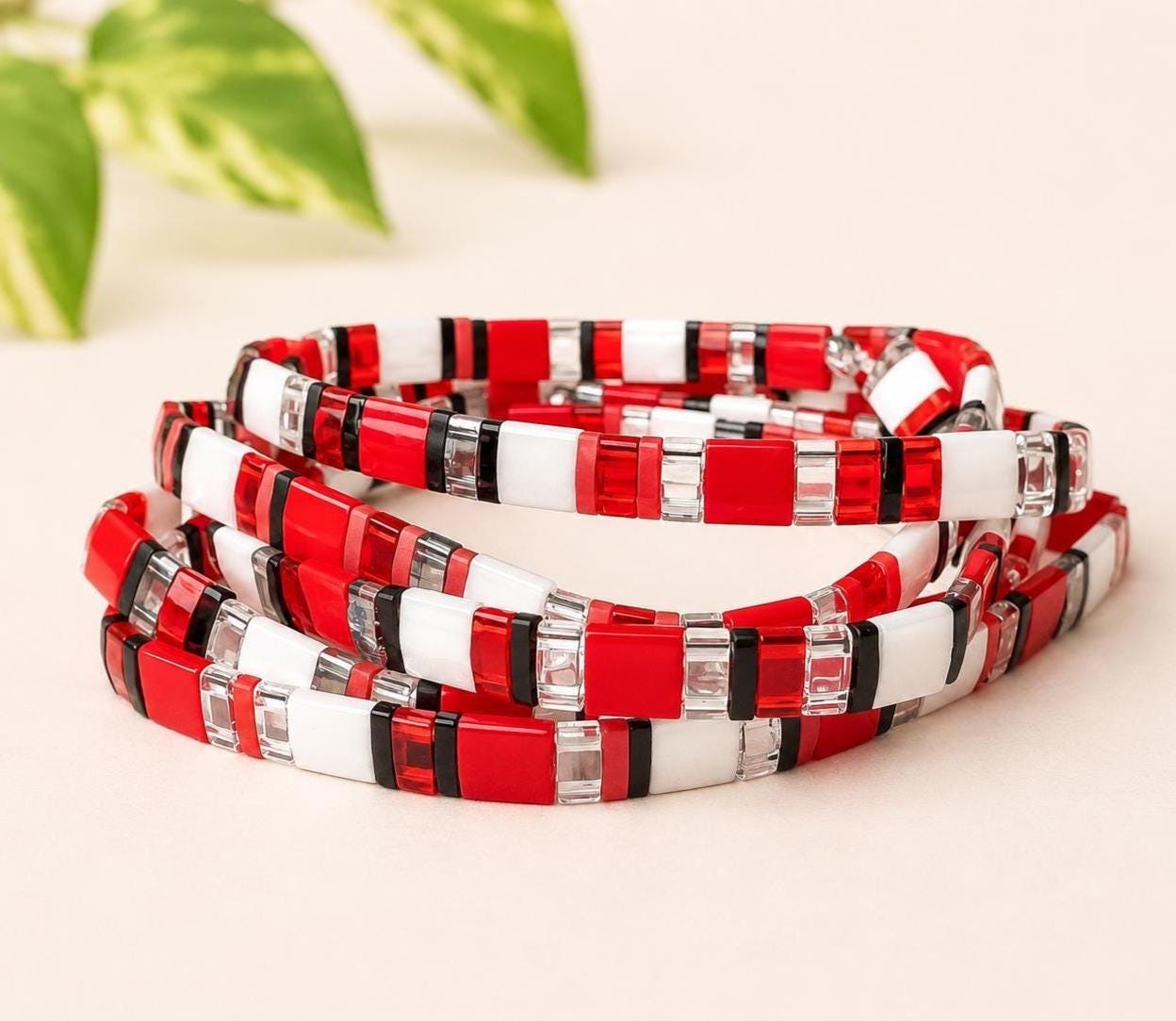 Miyuki Tila Bracelet Handmade Japanese Bead Jewelry Stackable Bracelet Design Colorful Tile Bead Pattern Red White Black Geometric Style Trendy Accessory Gift Layering Bracelet Collection Teen Girl Birthday Present Girlfriend Gift Idea