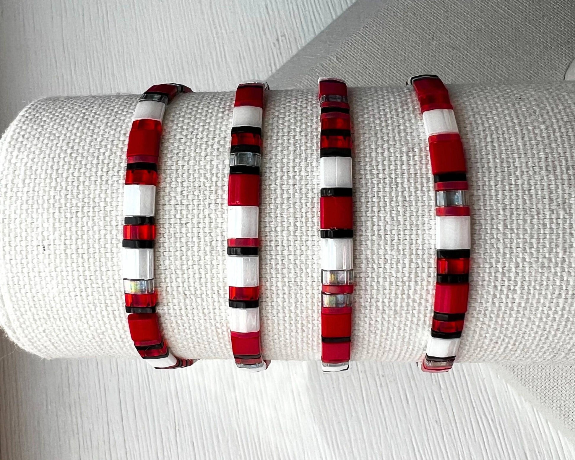 Stackable Bead Bracelet Miyuki Tila Design Handmade Japanese Jewelry Colorful Tile Pattern Beaded Wrap Style Geometric Design Elements Red White Black Color Scheme Layering Bracelet Collection Trendy Gift Accessory Teen Girl Present