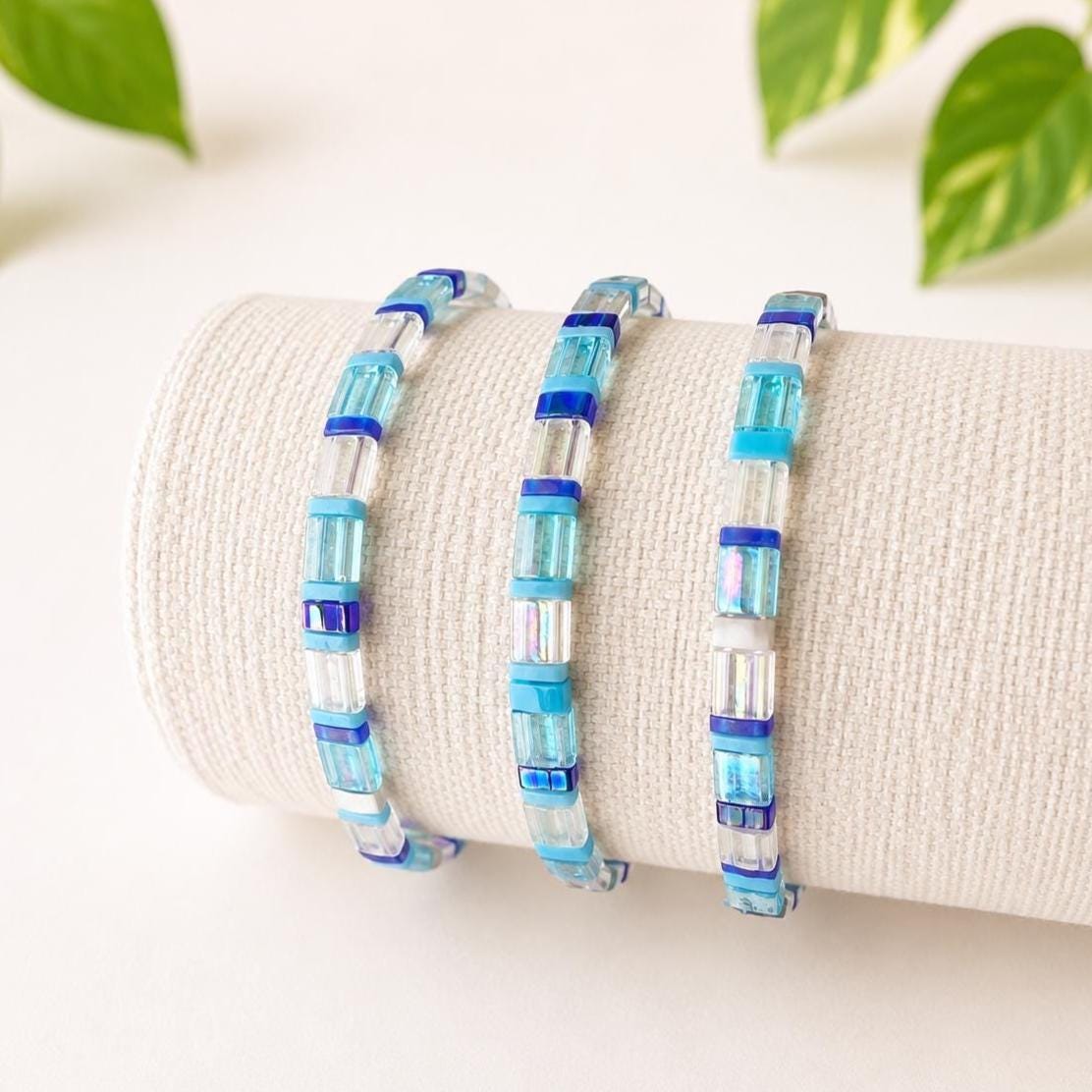 Blue Beaded Bracelet Miyuki Tila Beads Handmade Stretch Elastic Band Boho Stacking Jewelry Layering Bracelet Collection Japanese Bead Design Colorful Gift Women Teens Birthday Present Trendy Accessory Summer Beach Jewelry Comfortable