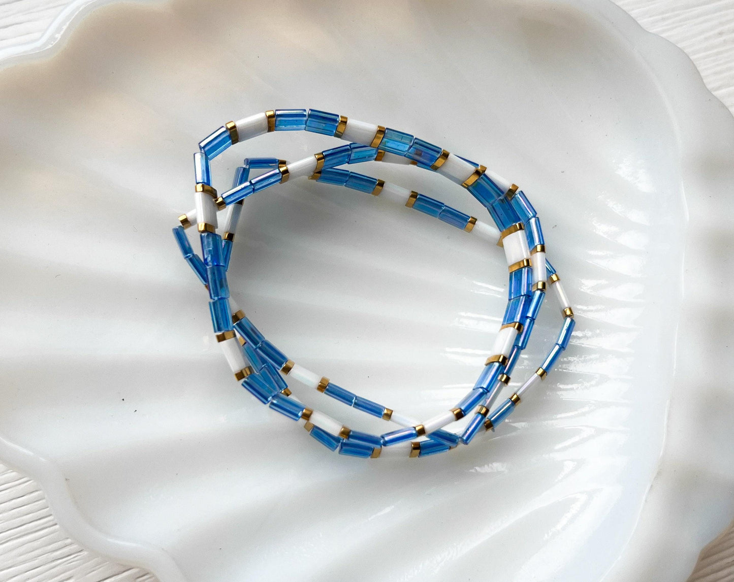 Geometric Tila Bead Jewelry Stackable Bracelet Set Turquoise Blue White Pattern Japanese Miyuki Beads Handmade Design Gold Spacer Details Boho Style Accessories Minimalist Fashion Collection Stretch Band Elastic Fit Everyday Casual Wear