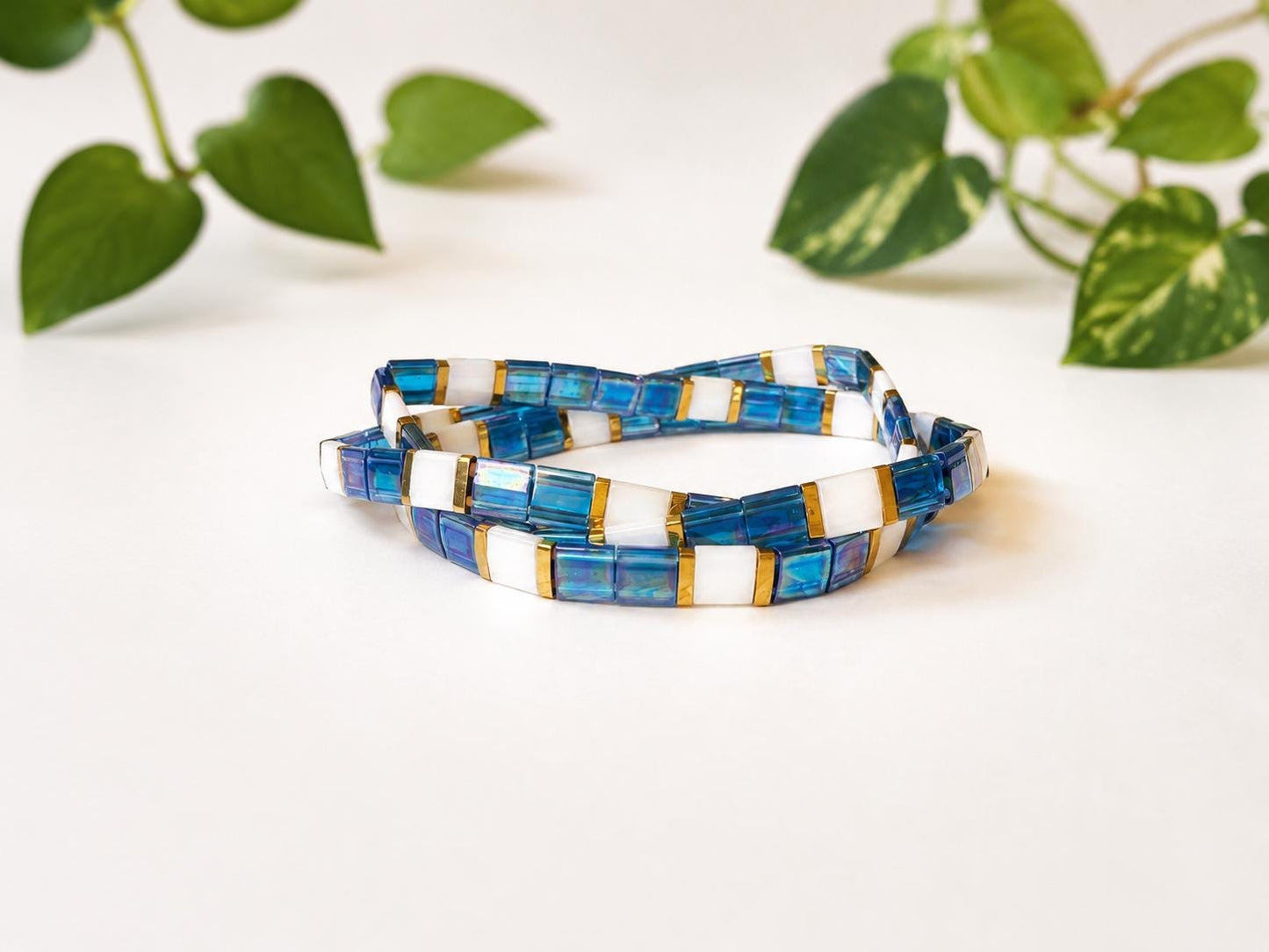 Turquoise Stretch Bracelet Set Tila Bead Design Blue White Color Block Pattern Stackable Jewelry Collection Beach Accessories Summer Style Miyuki Beads Handmade Creation Geometric Pattern Modern Look Elastic Band Comfortable Fit Boho Chic