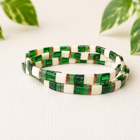 Handmade Boho Bracelet Set Green Beaded Stretch Design Tila Stone Stack Emerald Glass Bead Jewelry Elastic Comfortable Fit Stackable Wrist Accessory Geometric Pattern Bohemian Style Modern Ethnic Fashion Everyday Casual Wear Gift Friendship