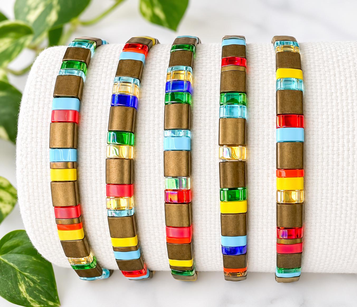 Miyuki Tile Bead Bracelet Stackable Colorful Design Boho Summer Fashion Accessory Stretch Bracelet Comfortable Everyday Wear Japanese Tila Beads Flat Beaded Style Bohemian Layering Jewelry Handcrafted Quality Construction Vibrant Rainbow