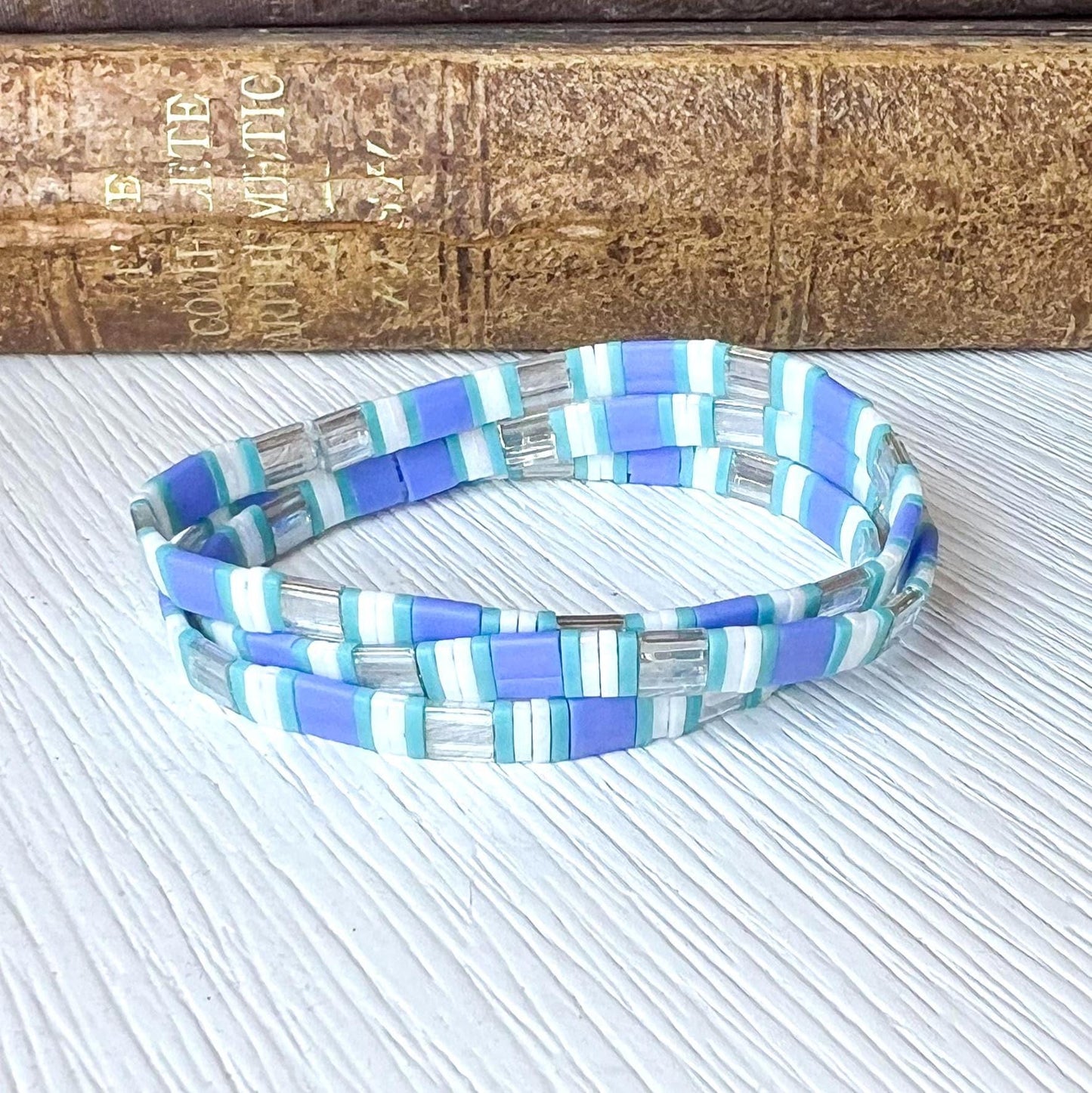 Summer Beach Jewelry Handmade Memory Wire Wrap Bracelet Colorful Glass Bead Design Multi Strand Coil Miyuki Tila Beads Vibrant Coastal Colors Blue Turquoise White Pink Orange Green Pattern Stretch Elastic Comfortable Fit Vacation Resort