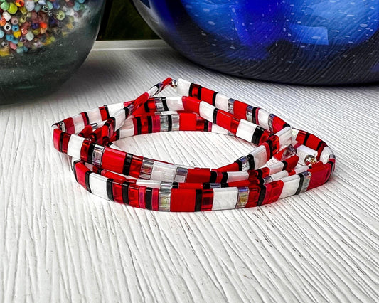 Japanese Bead Bracelet Miyuki Tila Tile Design Handcrafted Stackable Jewelry Colorful Geometric Pattern Beaded Wrap Bracelet Style Red Black White Color Combination Trendy Layering Accessory Teen Birthday Gift Girlfriend Present Idea