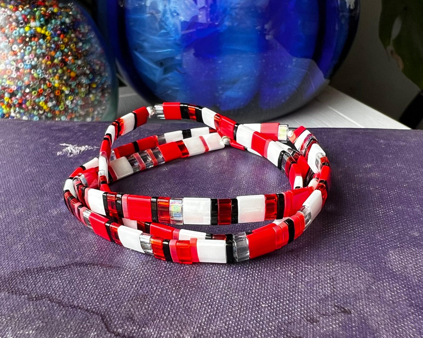 Handmade Miyuki Bracelet Japanese Tila Bead Design Stackable Jewelry Style Colorful Geometric Pattern Beaded Tile Bracelet Red Black White Combination Trendy Layering Accessory Contemporary Gift Idea Teen Birthday Present Girlfriend Fashion