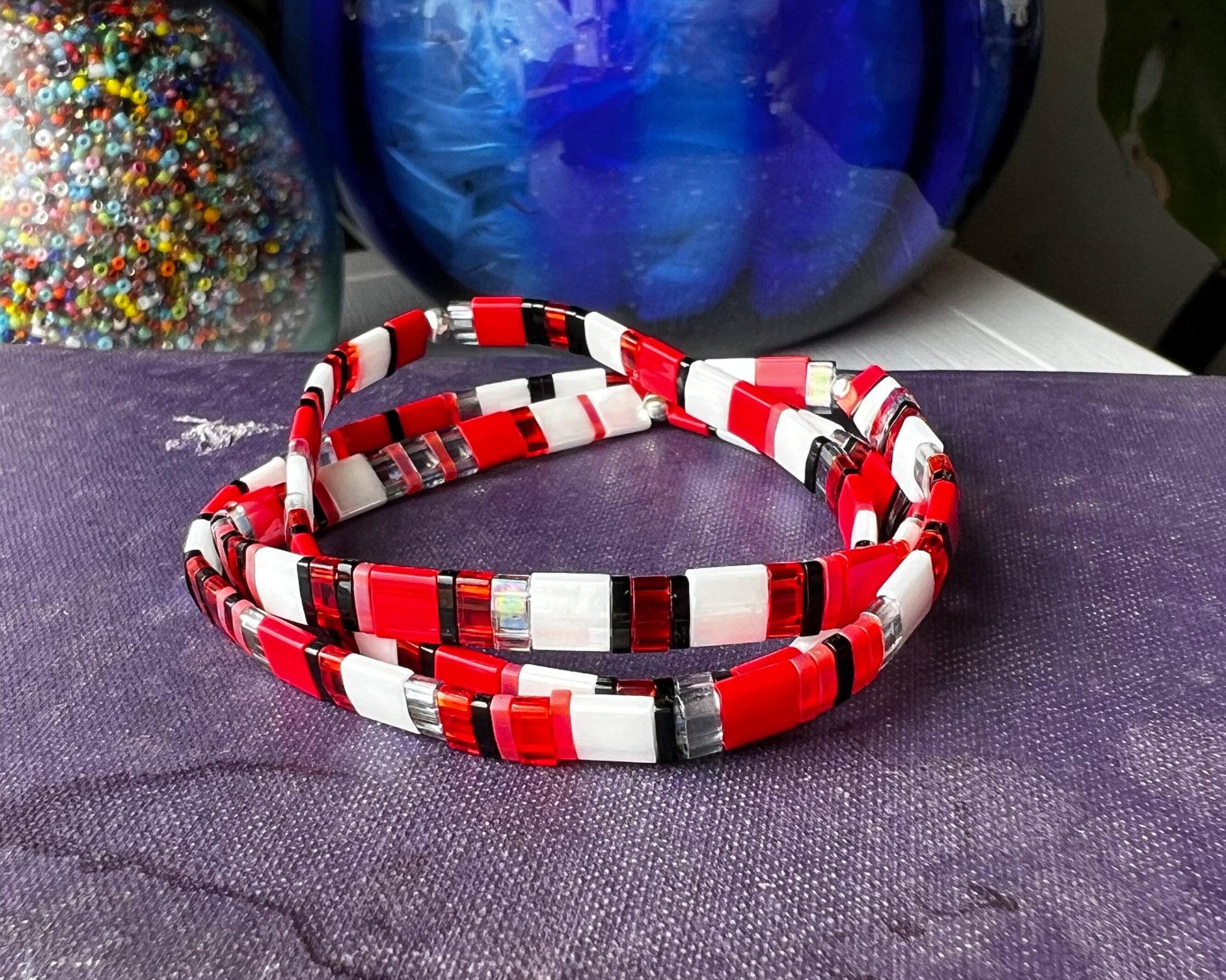 Handmade Miyuki Bracelet Japanese Tila Bead Design Stackable Jewelry Style Colorful Geometric Pattern Beaded Tile Bracelet Red Black White Combination Trendy Layering Accessory Contemporary Gift Idea Teen Birthday Present Girlfriend Fashion