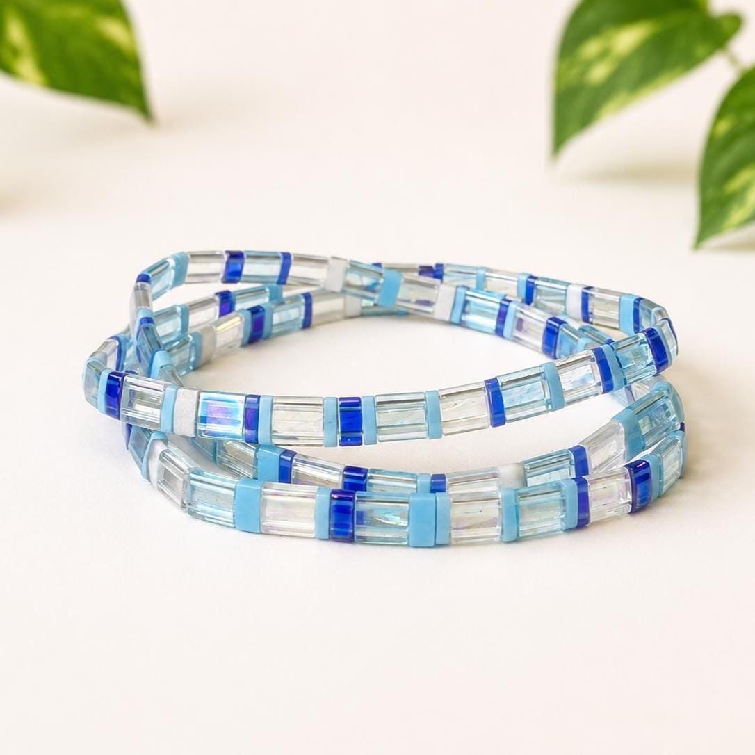 Miyuki Bead Bracelet Blue Tila Beads Japanese Handmade Boho Jewelry Elastic Stretch Band Stackable Layering Bracelet Women Teen Girls Birthday Gift Colorful Beaded Accessory Trendy Summer Jewelry Casual Everyday Wear Ocean Inspired Design