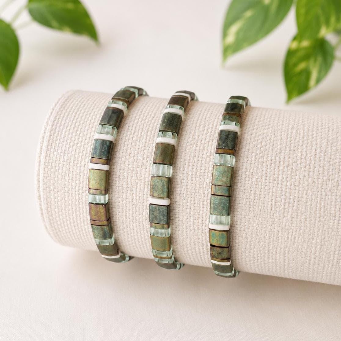 Miyuki Tila Bracelet Japanese Glass Beads Handmade Stretch Design Stackable Jewelry Collection Minimalist Square Tile Wristband Everyday Wear Accessory Perfect Layering Bracelets Contemporary Style Authentic Beadwork Premium Quality