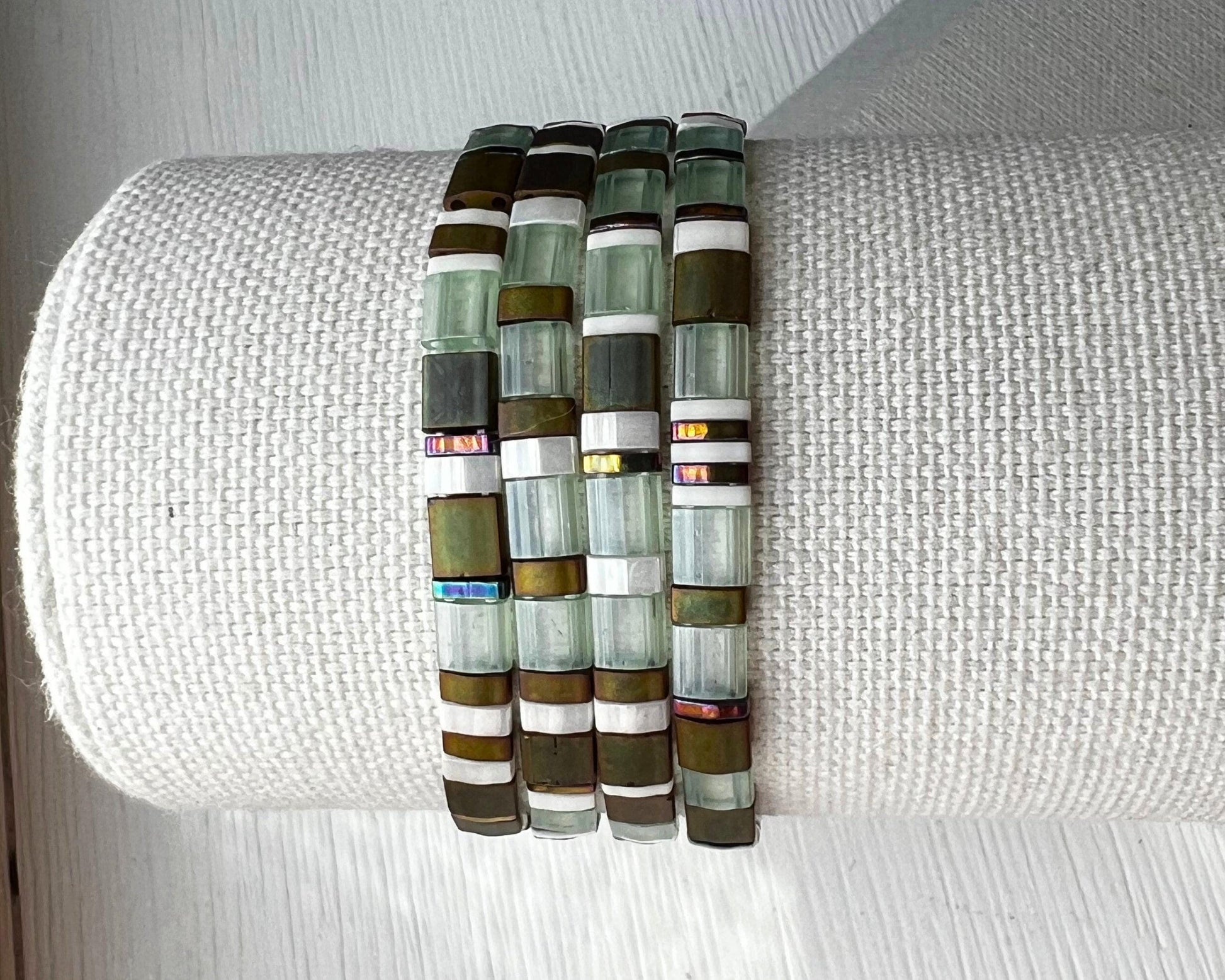 Contemporary Jewelry Collection Miyuki Tila Bracelet Versatile Layering Design Japanese Glass Beads Minimalist Stretch Wristband Stackable Beaded Jewelry Handmade Square Tile Pattern Everyday Wear Accessory Comfortable Fit Geometric Style