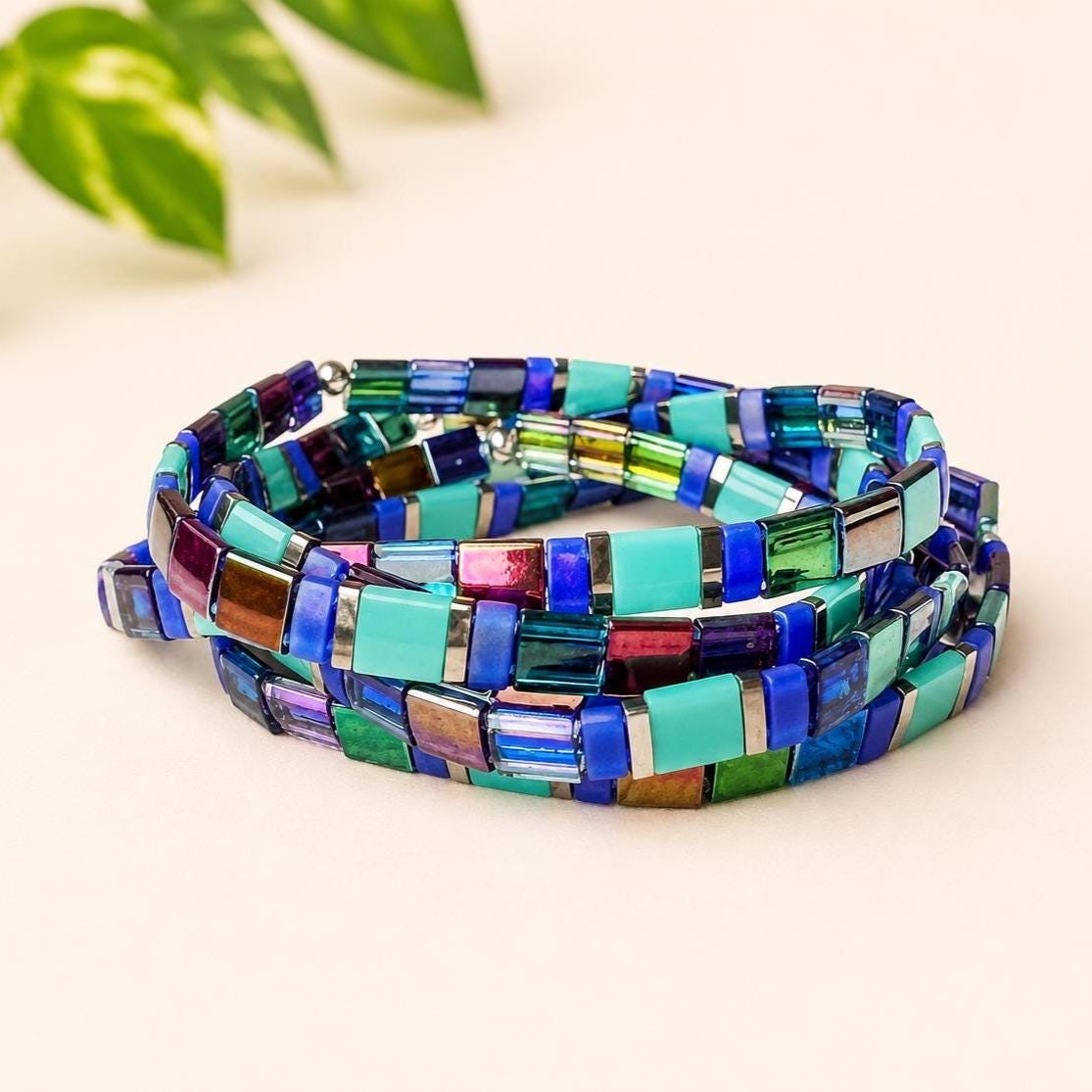 Handmade Miyuki Bead Bracelet Colorful Stretch Design Boho Style Accessory Japanese Tile Beads Rainbow Pattern Friendship Gift Idea Comfortable Wrist Band Fashion Jewelry Bohemian Accessories Women Girls Everyday Wear Trendy Stacked