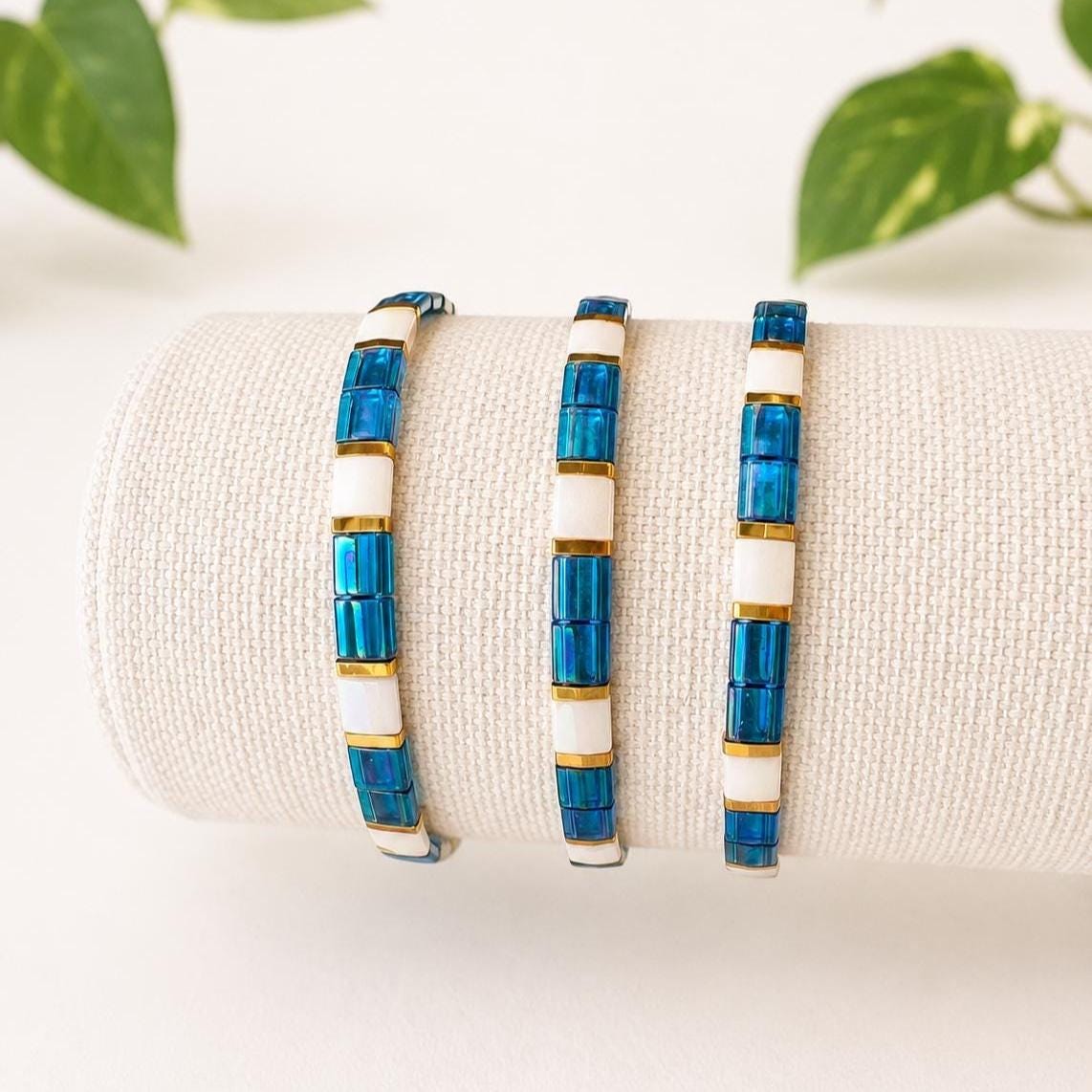 Miyuki Tila Bead Bracelet Turquoise Blue Stackable Design Japanese Beads Handmade Jewelry Set Stretch Band Elastic Bracelet Gold Spacer Beads White Color Block Pattern Minimalist Style Everyday Wear Jewelry Gift For Her Boho Accessories
