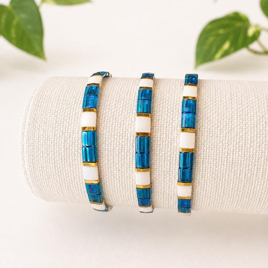 Miyuki Tila Bead Bracelet Turquoise Blue Stackable Design Japanese Beads Handmade Jewelry Set Stretch Band Elastic Bracelet Gold Spacer Beads White Color Block Pattern Minimalist Style Everyday Wear Jewelry Gift For Her Boho Accessories