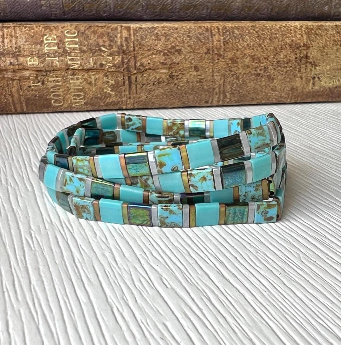 Miyuki Tila Bead Bracelet Japanese Glass Jewelry Stretch Band Design Turquoise Multi Strand Wrap Bracelet Stackable Jewelry Collection Perfect For Everyday Wear Minimalist Accessory Boho Style Handmade Gift Ready Thin Profile Layering