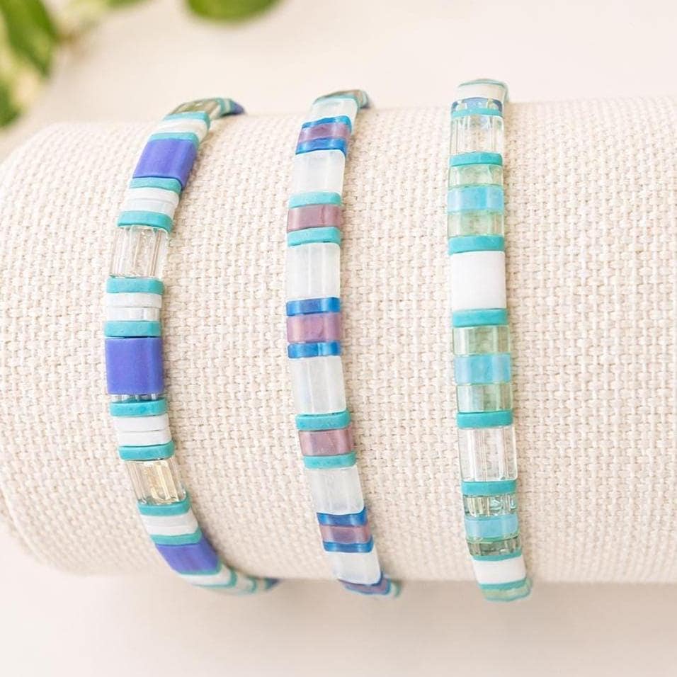 Turquoise Stretch Bracelet Handmade Bohemian Beach Style Tila Bead Geometric Pattern Aqua Glass Beads Adjustable Elastic Band Comfortable Fit Summer Vacation Jewelry Stackable Layering Bracelet Casual Everyday Wear Beach Accessories Coastal