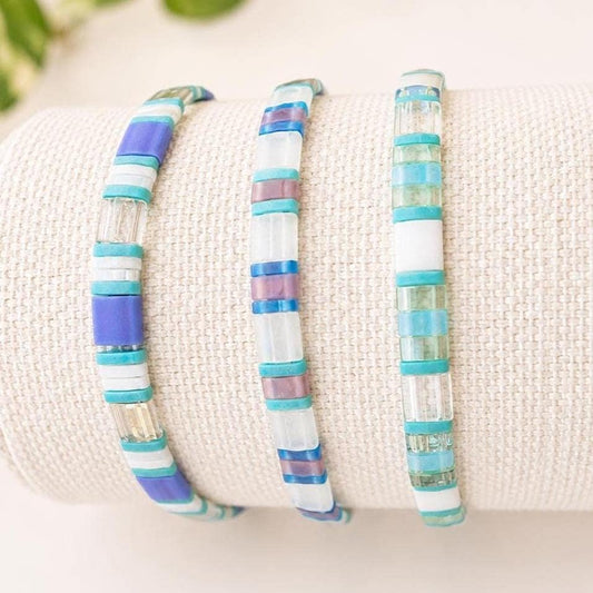 Turquoise Stretch Bracelet Handmade Bohemian Beach Style Tila Bead Geometric Pattern Aqua Glass Beads Adjustable Elastic Band Comfortable Fit Summer Vacation Jewelry Stackable Layering Bracelet Casual Everyday Wear Beach Accessories Coastal