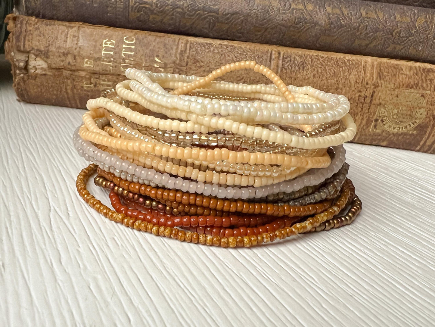 Stackable Bracelet Collection Seed Bead Jewelry Neutral Tone Design Stretch Elastic Fit Minimalist Style Accessory Dainty Beaded Bracelet Layering Stack Set Warm Earth Tones Glass Seed Beads Everyday Wear Comfortable Construction Bohemian