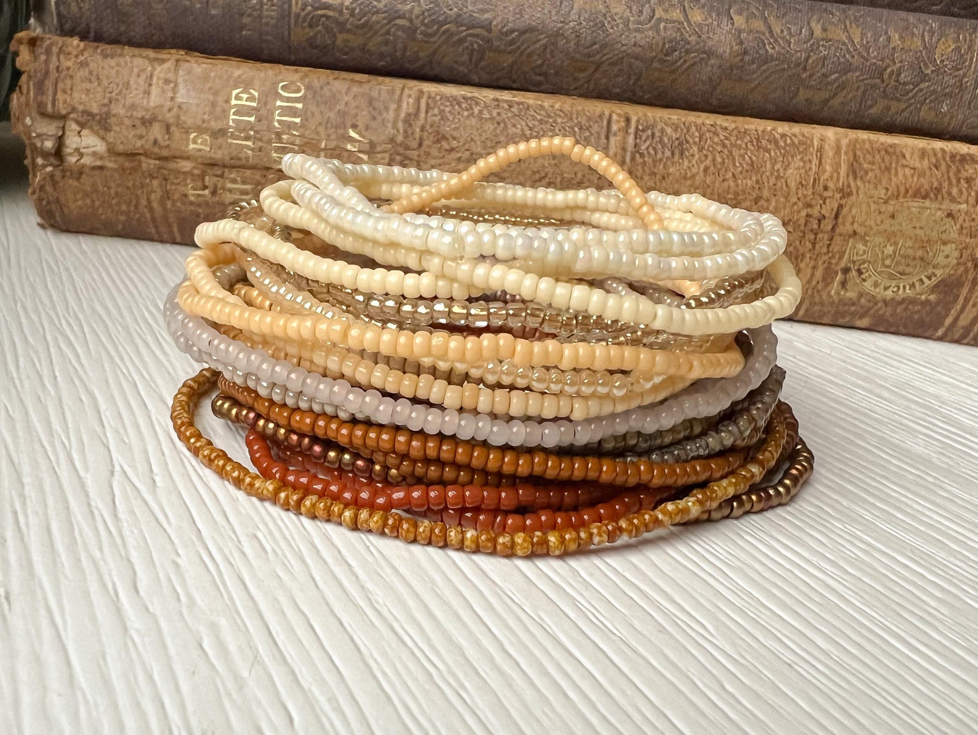 Stackable Bracelet Collection Seed Bead Jewelry Neutral Tone Design Stretch Elastic Fit Minimalist Style Accessory Dainty Beaded Bracelet Layering Stack Set Warm Earth Tones Glass Seed Beads Everyday Wear Comfortable Construction Bohemian