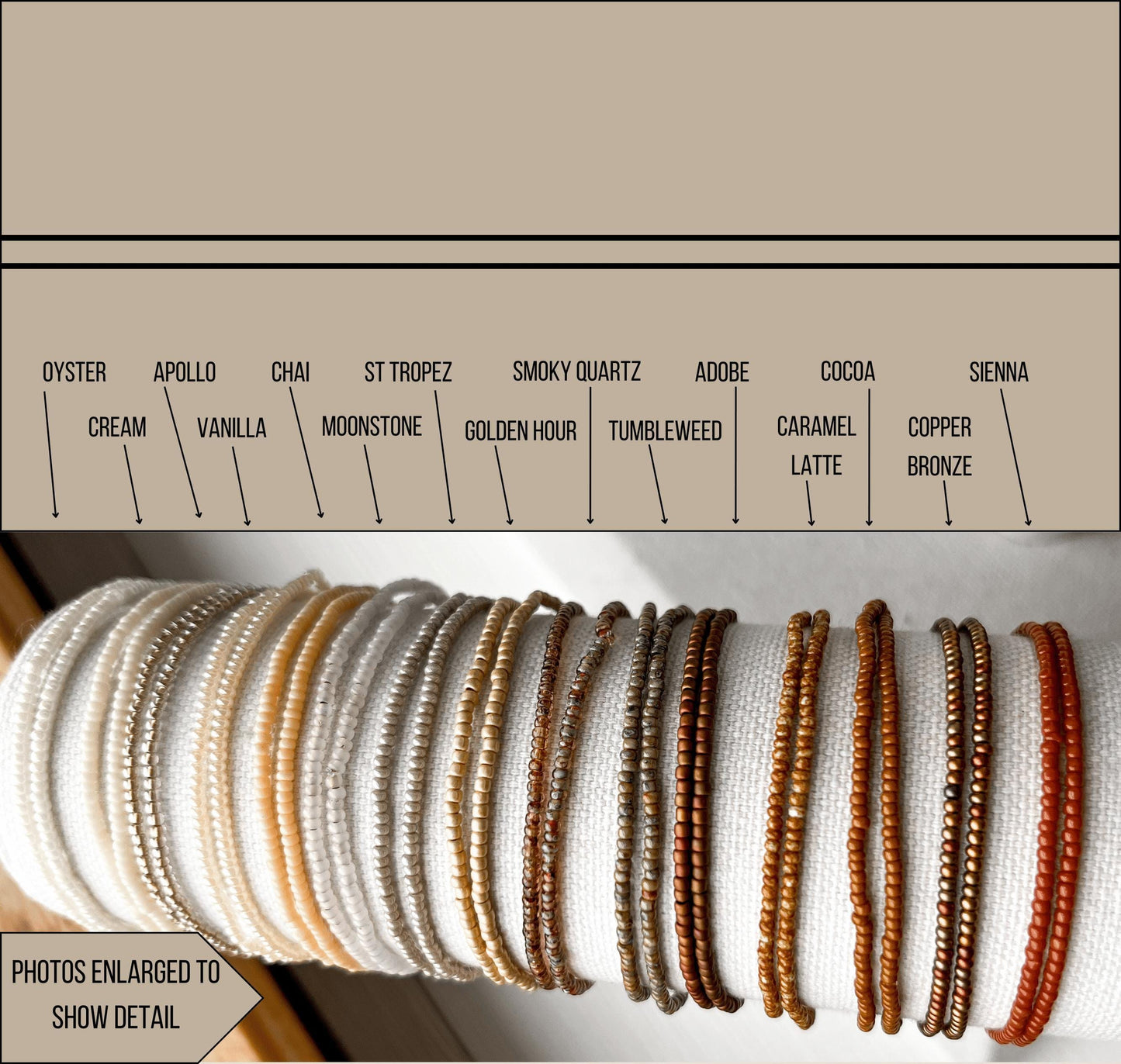 Minimalist Jewelry Set Seed Bead Bracelet Design Neutral Tone Stackable Collection Stretch Elastic Construction Dainty Beaded Style Layering Bracelet Stack Warm Earth Colors Glass Bead Accessory Everyday Wear Comfortable Fit Bohemian