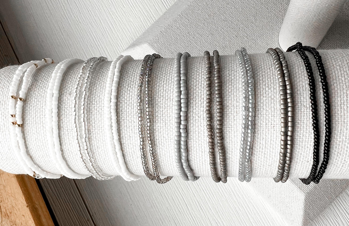 Seed Bead Bracelet – Stackable Handmade Boho Neutral Stretch Design
