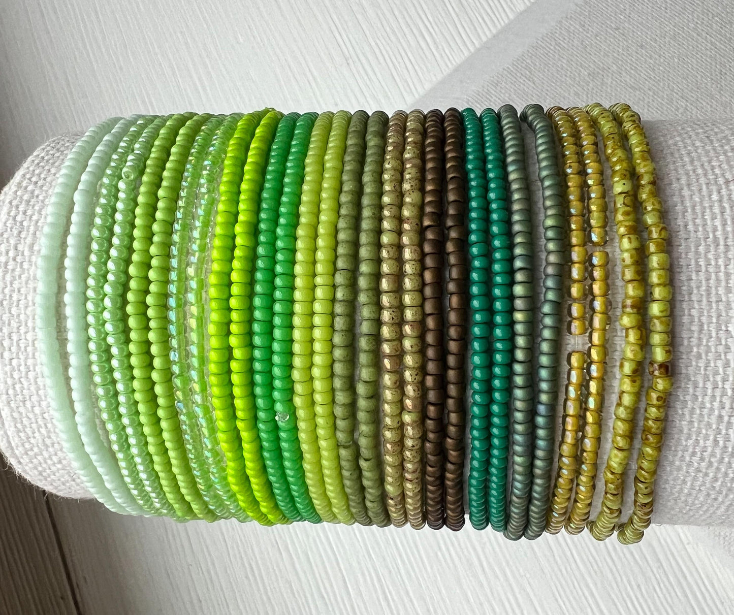 Green Bead Bracelet Stretch Jewelry Design Stackable Bohemian Style Seed Bead Collection Nature Inspired Accessory Forest Mint Tone Colors Summer Layering Bracelet Boho Jewelry Gift Bridesmaid Wedding Accessory Handmade Beaded Bracelet