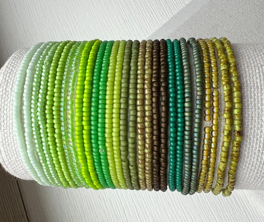 Green Bead Bracelet Stretch Jewelry Design Stackable Bohemian Style Seed Bead Collection Nature Inspired Accessory Forest Mint Tone Colors Summer Layering Bracelet Boho Jewelry Gift Bridesmaid Wedding Accessory Handmade Beaded Bracelet