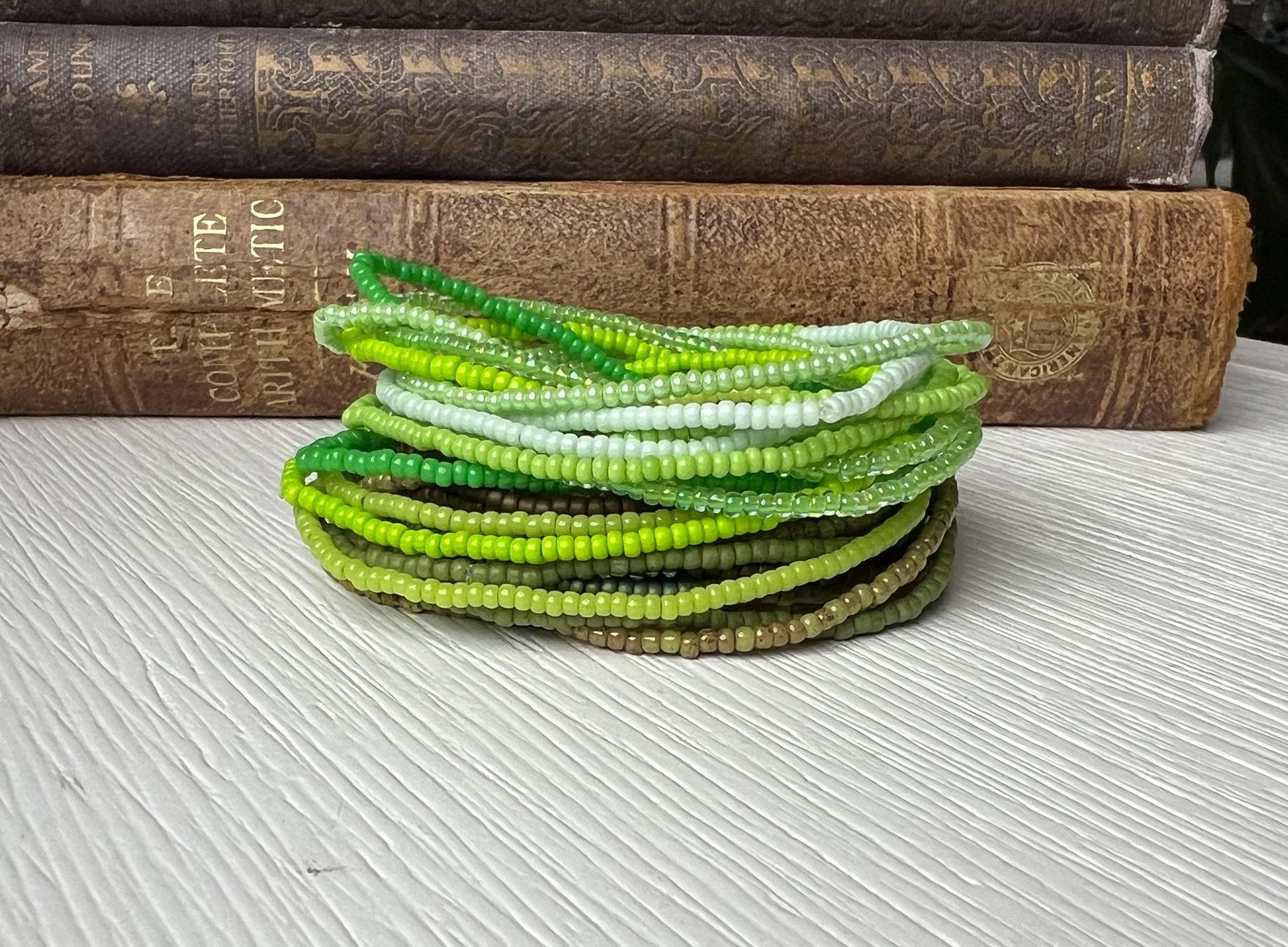 Stackable Boho Bracelet Green Seed Bead Design Stretch Jewelry Collection Nature Inspired Accessory Mint Forest Earth Tone Colors Bohemian Style Bracelet Layering Summer Jewelry Bridesmaid Wedding Gift Handmade Beaded Accessory Casual