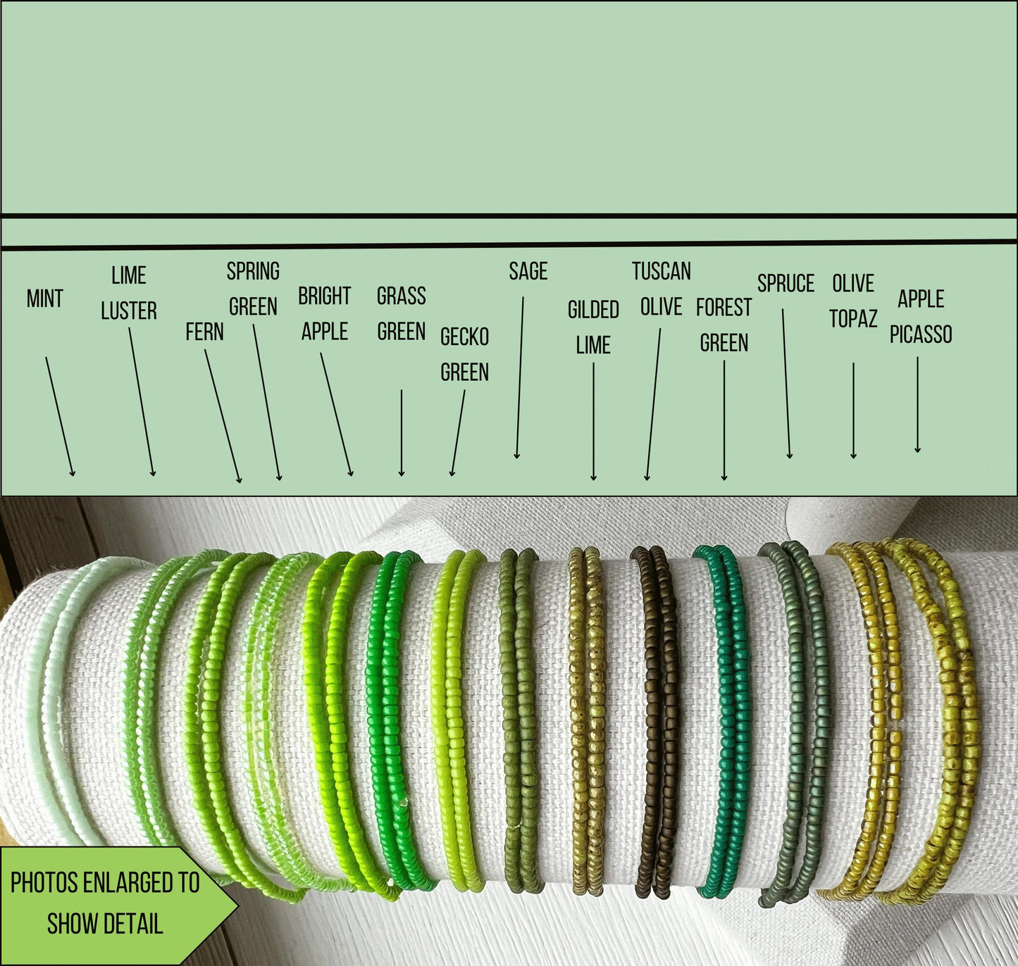 Bohemian Seed Bead Bracelet Stackable Green Jewelry Stretch Design Nature Inspired Style Forest Mint Earth Tone Collection Summer Layering Accessory Boho Fashion Bracelet Bridesmaid Gift Set Wedding Party Jewelry Handmade Beaded Design
