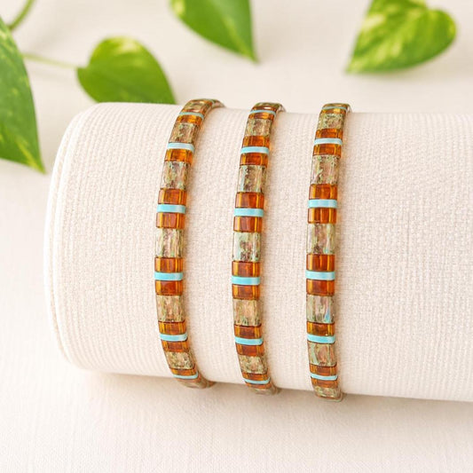 Miyuki Tila Bracelet Handcrafted Beaded Jewelry Stretch Elastic Design Turquoise Amber Crystal Beads Boho Style Accessories Stackable Wristband Perfect Fit Teacher Appreciation Gift Fall Season Present Japanese Glass Beads Bohemian Fashion