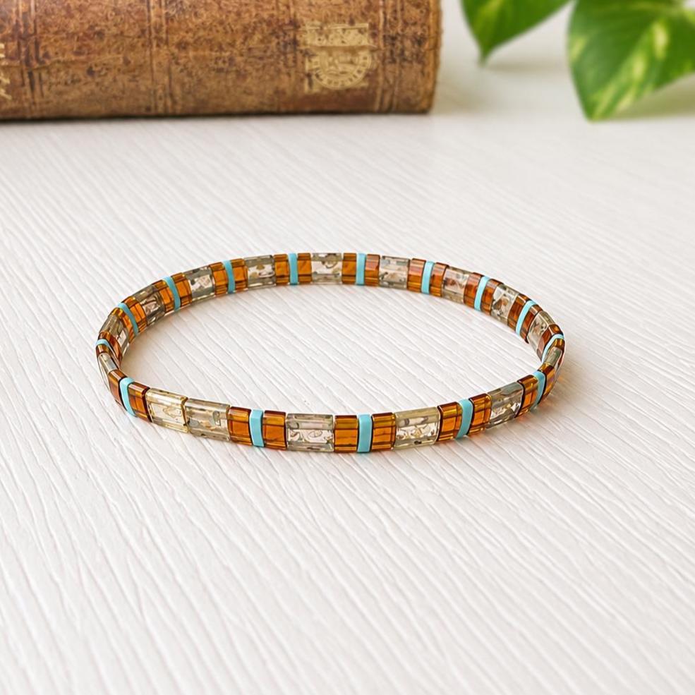 Boho Beaded Bracelet Handmade Stretch Design Miyuki Tila Beads Japanese Glass Collection Turquoise Amber Crystal Accents Stackable Jewelry Wristband Elastic Band Fit Teacher Appreciation Present Fall Accessories Gift Bohemian Style Fashion