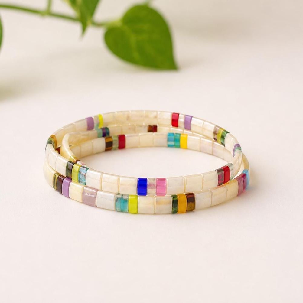 Stackable Bracelet Set Miyuki Glass Beads Three Piece Collection Tila Bead Jewelry Colorful Stretch Design Rainbow Colors Yellow Pink Blue Green Purple Orange Cream Base Layering Accessories Teen Gift Friendship Bands Summer Festival Wear