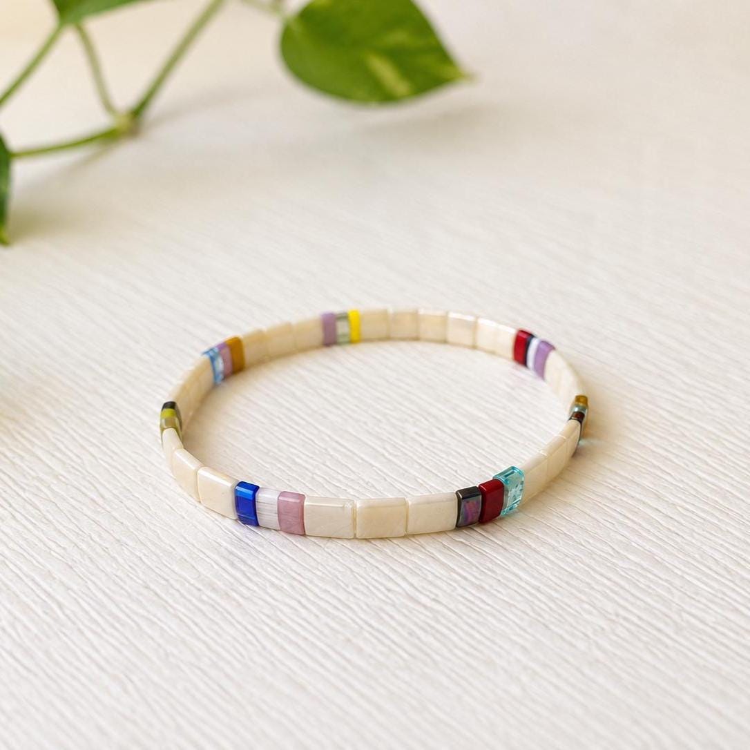 Colorful Glass Bead Bracelets Miyuki Tila Set Three Stackable Pieces Stretch Jewelry Collection Rainbow Hues Layering Design Teen Friendship Gifts Handcrafted Beadwork Japanese Quality Summer Accessories Festival Fashion Boho Style Everyday