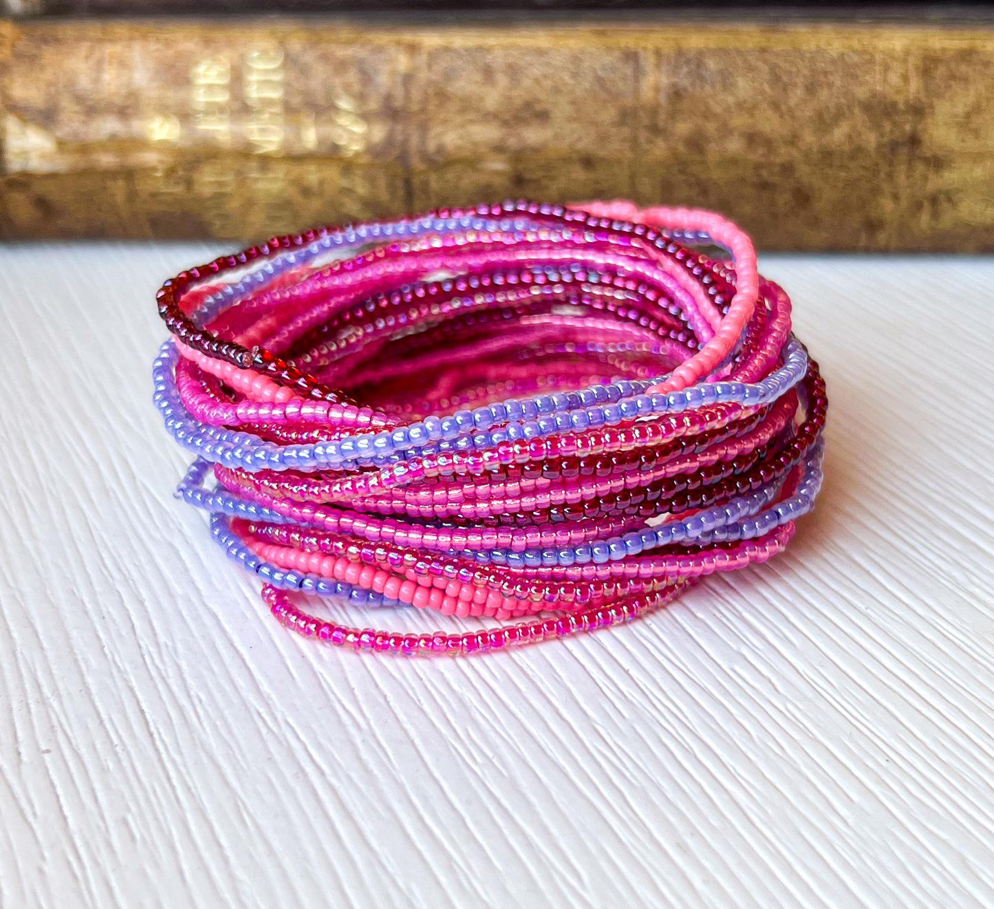 Handmade Seed Bead Bracelet Pink Lavender Multi Strand Wrap Design Elastic Stretch Fit Boho Style Jewelry Stackable Bracelet Set Colorful Beaded Accessory Resort Wear Beach Vacation Fashion Minimalist Gift Idea Casual Summer Jewelry