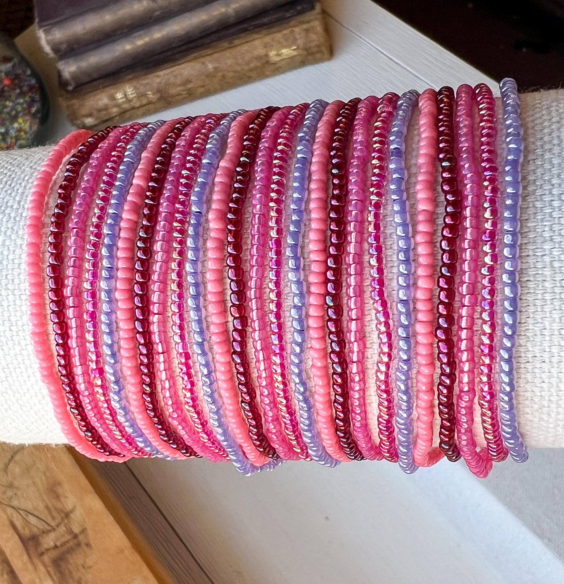 Elastic Stretch Bracelet Pink Lavender Seed Bead Design Multi Strand Wrap Jewelry Boho Stackable Set Handmade Beaded Accessory Colorful Fashion Bracelet Resort Vacation Wear Beach Style Jewelry Casual Everyday Accessory Comfortable Fit
