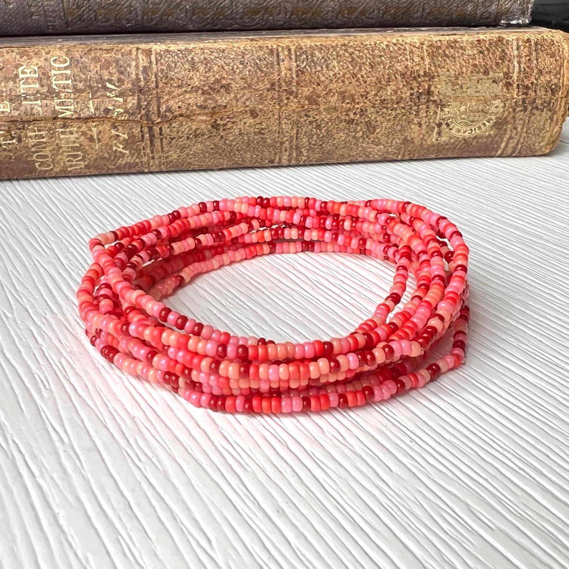 Seed Bead Bracelet Stretch Elastic Design Multi Strand Wrap Bracelet Boho Handmade Jewelry Coral Pink Orange Red Beaded Bracelet Stackable Layered Style Festival Wear Accessory Summer Jewelry Gift Bohemian Beaded Wrap Colorful Vibrant Tones