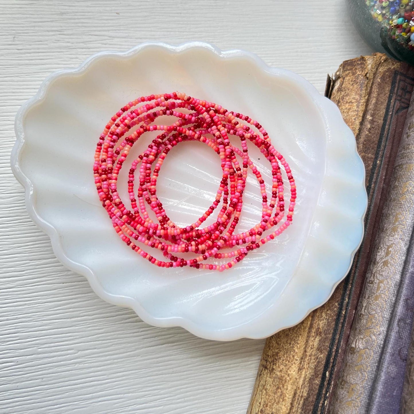 Multi Strand Beaded Bracelet Seed Bead Wrap Design Stretch Elastic Boho Jewelry Handmade Coral Pink Red Orange Bracelet Stackable Layered Accessory Festival Wear Jewelry Summer Bohemian Style Colorful Vibrant Beads Women Wrap Bracelet