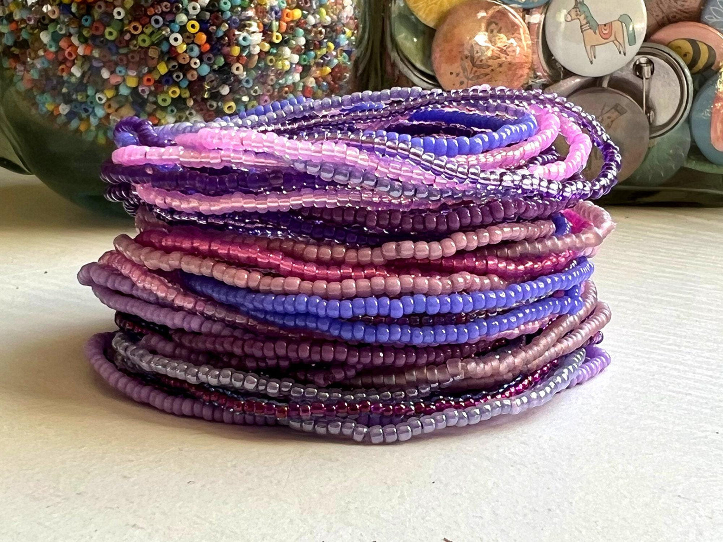 Handmade Seed Bead Jewelry Purple Stretch Bracelet Glass Beads Design Stacking Bracelets Collection Women Everyday Accessory Minimalist Style Boho Friendship Gift Layering Bracelets Set Comfortable Elastic Fit Versatile Jewelry Piece Tiny