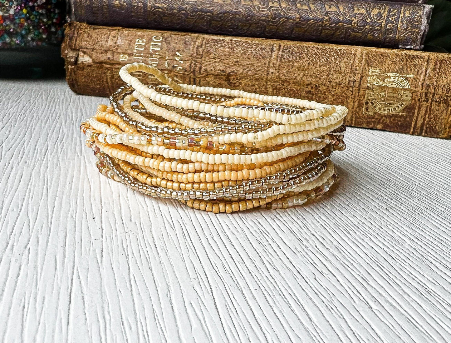 Everyday Layering Bracelet Handmade Seed Bead Wrap Multi Strand Boho Design Minimalist Beaded Jewelry Neutral Earth Tones Glass Beads Stretch Elastic Comfortable Fit Stacking Bracelet Set Contemporary Bohemian Style Women Accessory Gift
