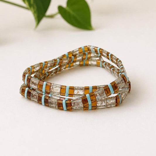 Handmade Beaded Bracelet Stretch Elastic Band Miyuki Tila Design Japanese Glass Beads Turquoise Blue Amber Brown Crystal Accents Boho Bohemian Style Stackable Jewelry Wristband Comfortable Fit Teacher Gift Back To School Present Fall
