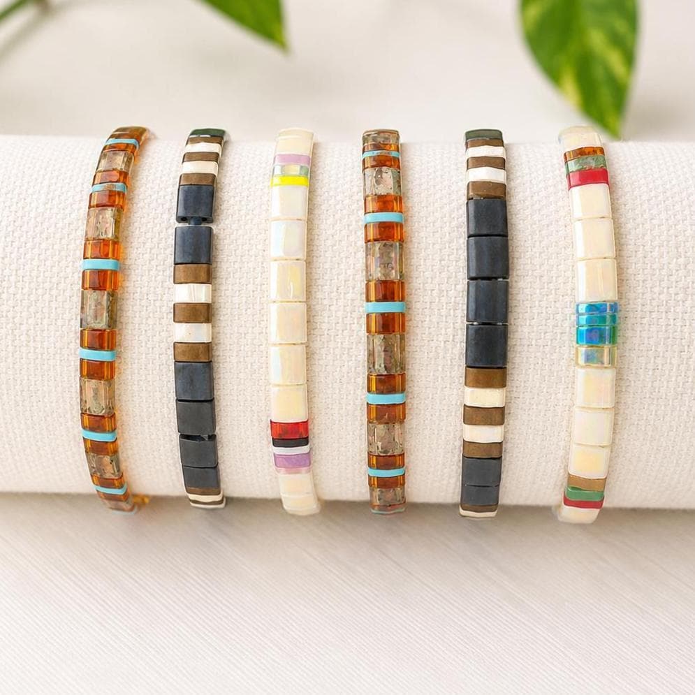 Stretch Elastic Bracelet Handmade Miyuki Beads Tila Design Turquoise Blue Brown Amber Glass Crystal Elements Boho Jewelry Collection Stackable Wristband Comfortable Fit Teacher Gift Ideas Back To School Season Fall Fashion Accessories