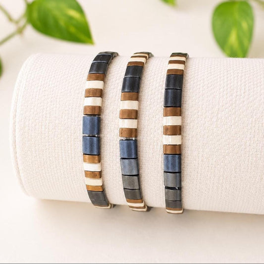 Mens Beaded Bracelet Set Stackable Three Piece Collection Stretch Tila Bead Design Neutral Earth Tone Colors Blue Brown Cream Palette Everyday Casual Wear Accessories Minimalist Mens Jewelry Perfect Gift Collection Miyuki Glass Bead