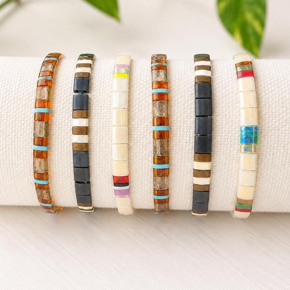 Stackable Bracelet Set Mens Three Piece Collection Miyuki Glass Tila Bead Design Premium Quality Construction Neutral Color Palette Earth Tone Jewelry Blue Brown Cream Bands Stretch Fit Comfort Everyday Casual Wear Accessories Minimalist