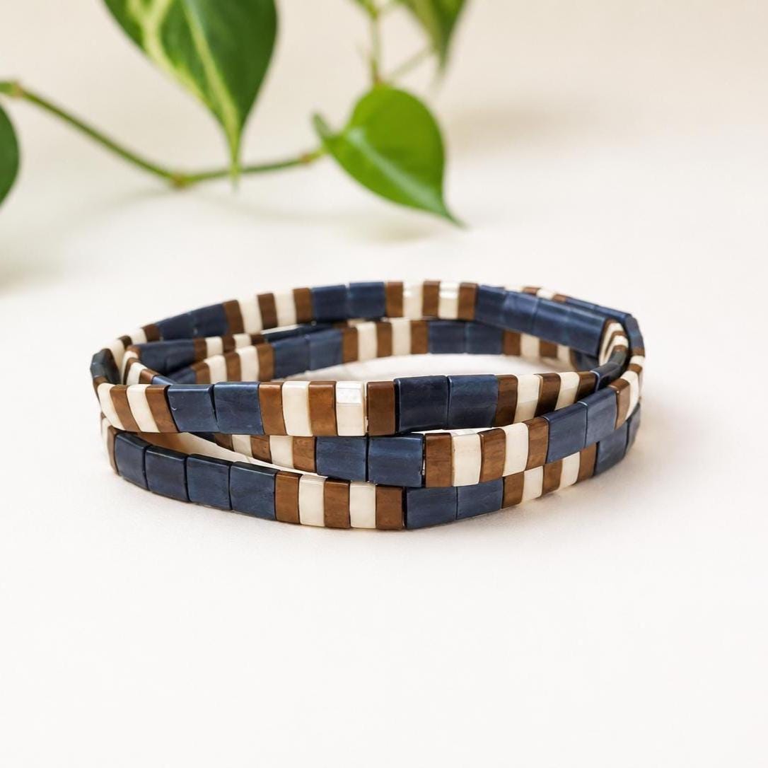 Tila Bead Bracelet Collection Mens Stackable Set Three Piece Design Neutral Earth Tone Colors Blue Brown Cream Palette Stretch Bracelet Accessories Everyday Casual Wear Minimalist Mens Jewelry Miyuki Glass Bead Construction Geometric
