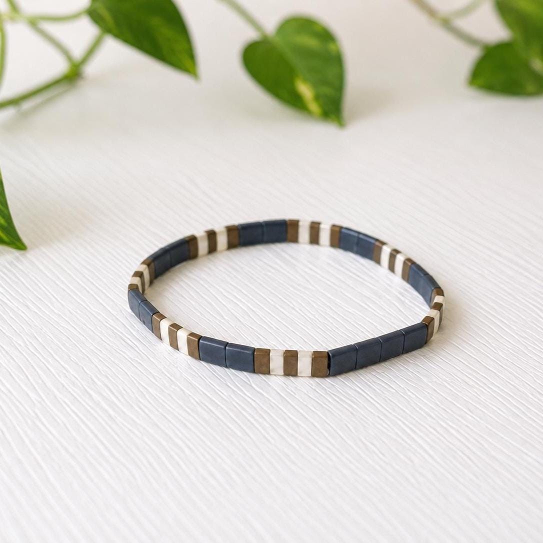 Stretch Bracelet Collection Mens Three Piece Stackable Set Handmade Tila Bead Design Miyuki Glass Construction Premium Quality Jewelry Neutral Earth Tone Colors Blue Brown Cream Bands Thin Layering Accessories Everyday Casual Wear