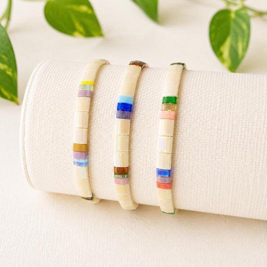 Miyuki Tila Bead Bracelet Set Three Piece Stackable Jewelry Collection Colorful Glass Beads Rainbow Hues Stretch Design Comfortable Fit Layering Bracelets Teen Friendship Gift Summer Accessory Handcrafted Japanese Beadwork Boho Style
