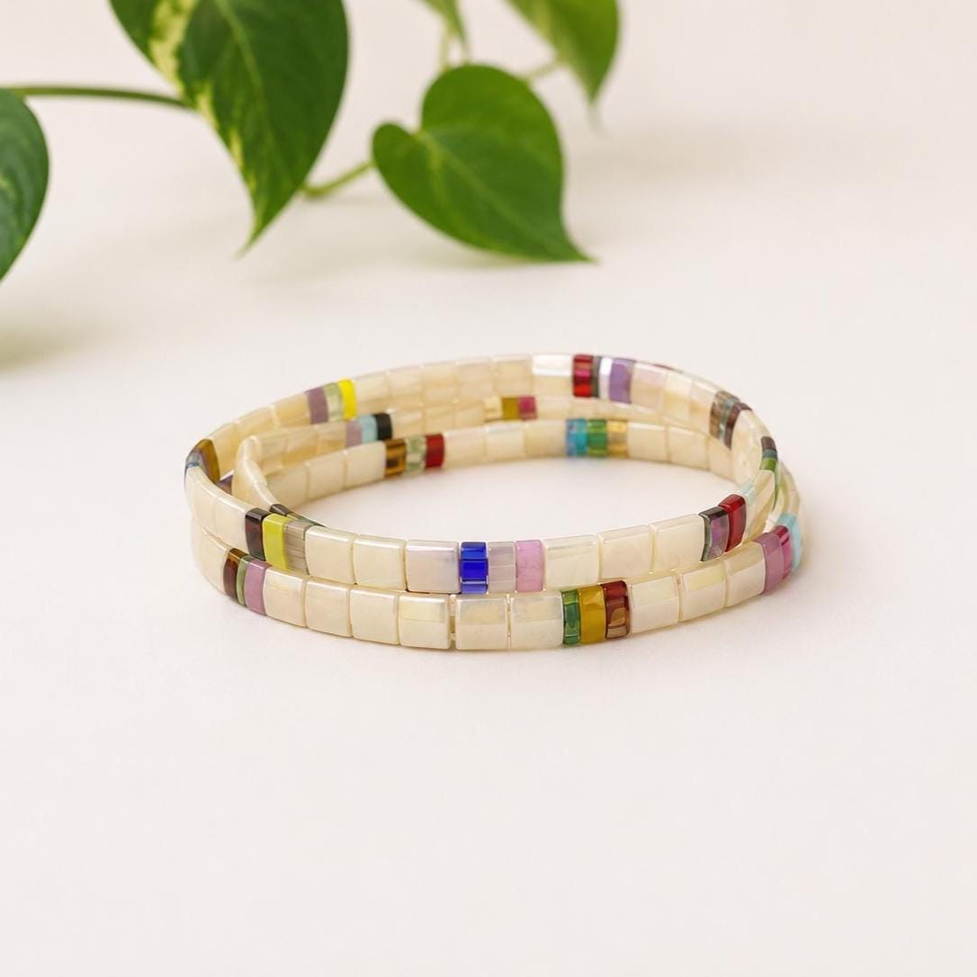 Three Piece Bracelet Set Miyuki Tila Beads Stackable Jewelry Collection Colorful Glass Design Stretch Fit Layering Accessories Rainbow Hues Teen Friendship Gift Summer Festival Fashion Handmade Beadwork Japanese Quality Boho Style Everyday